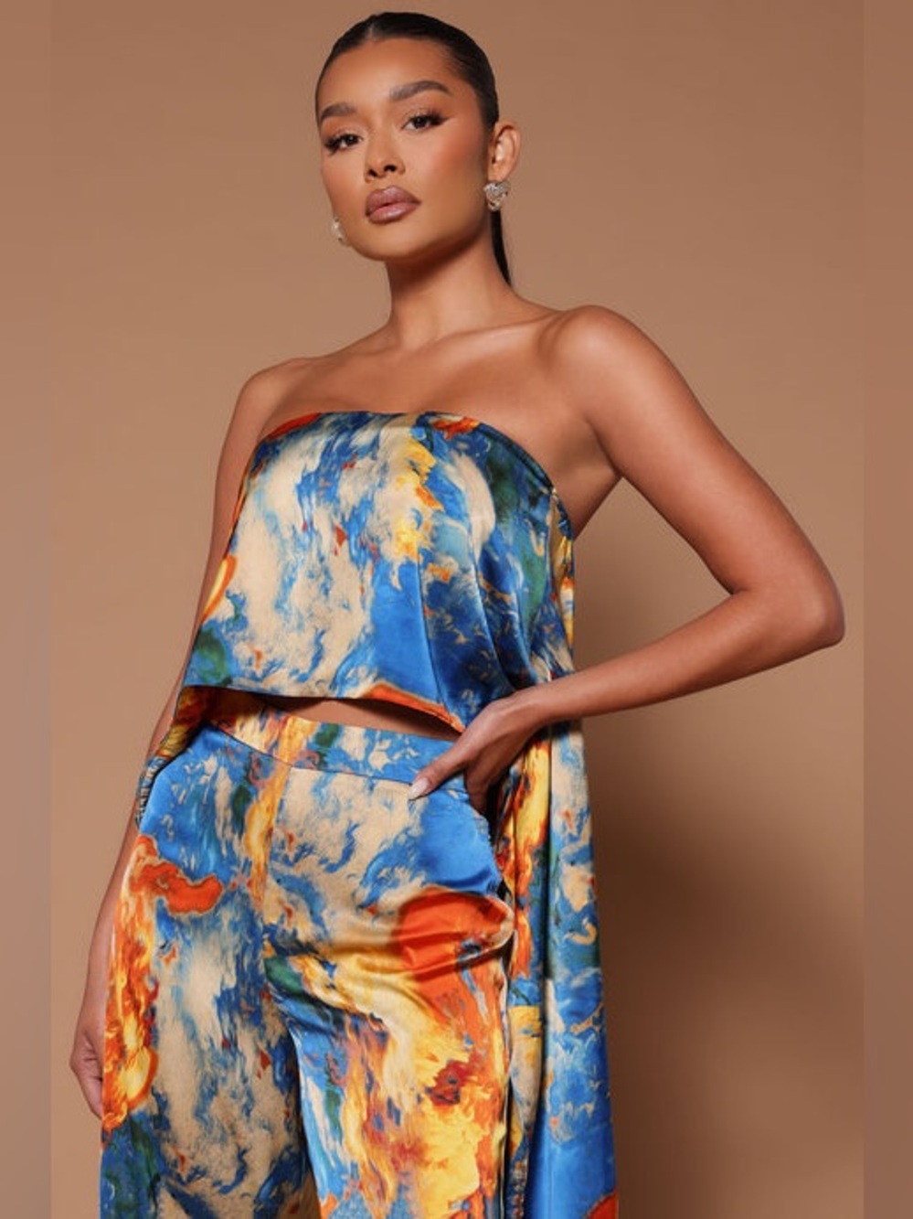 Fashion Nova Luxe Eva Satin High Low Strapless Top Abstract Glam Resort NEW L